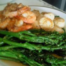 Sunday Seafood Platter. Prawns and Scallops sauteed in shredded crab meat and Brocollini