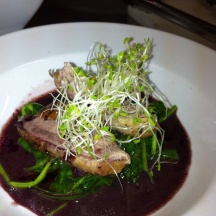Roast Duck in Cherry Wine Jus with Watercress, Spinach and Alfalfa