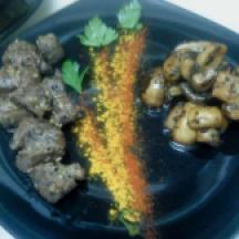 Meat Platter Plate 2. Vino y Salpica and Garlic Mushrooms